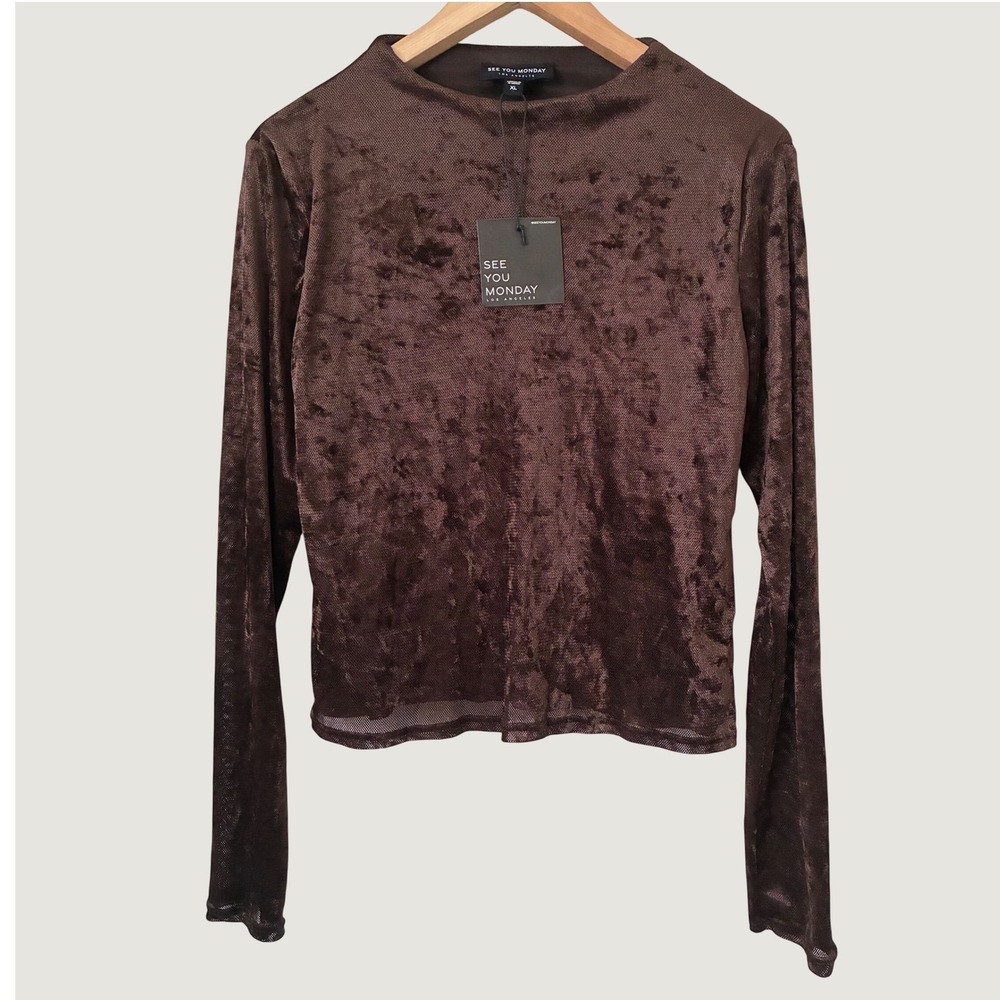 See You Monday Grunge Brown Crushed Velvet Mesh Mock Neck Long Sleeve Top XL